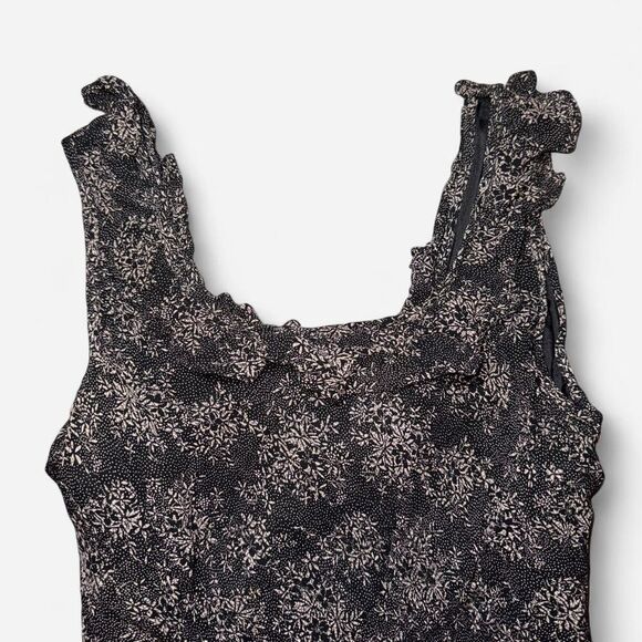 90s Eva Blue Black and Tan floral beaded ruffle dress - Picture 2 of 8